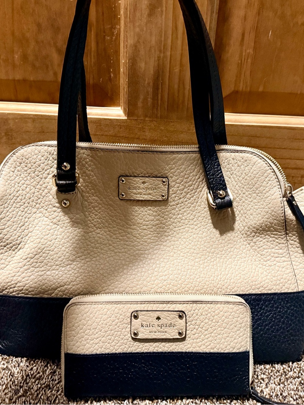 kate spade Cream and Black Pebbled Leather Tote with Matching Wallet